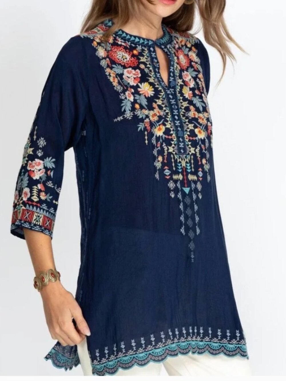 Johnny Was Vicenza Tunic Top - Embroidered Floral Scallop Hem Eyelet - SMALL